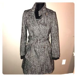 Black and white tweed fitted pea coat